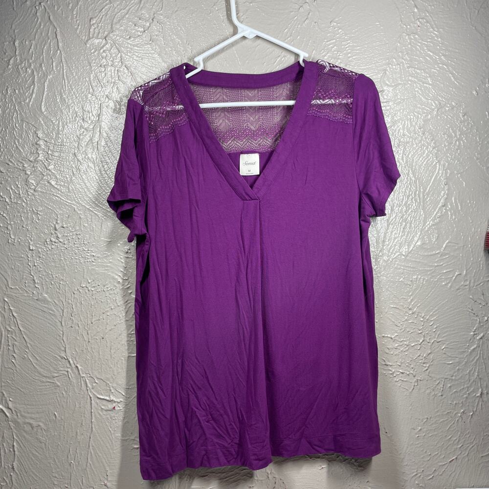 Soma Womens Purple Short Sleeve V Neck Crochet Back Shoulder Top Size Medium‎